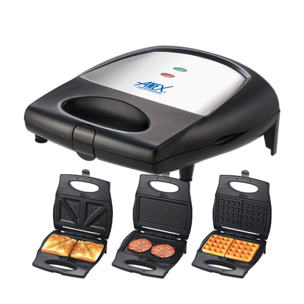 Anex AG-2138-Sandwich Maker 
Multi-function sandwich and waffle maker with open compartments showing different food items