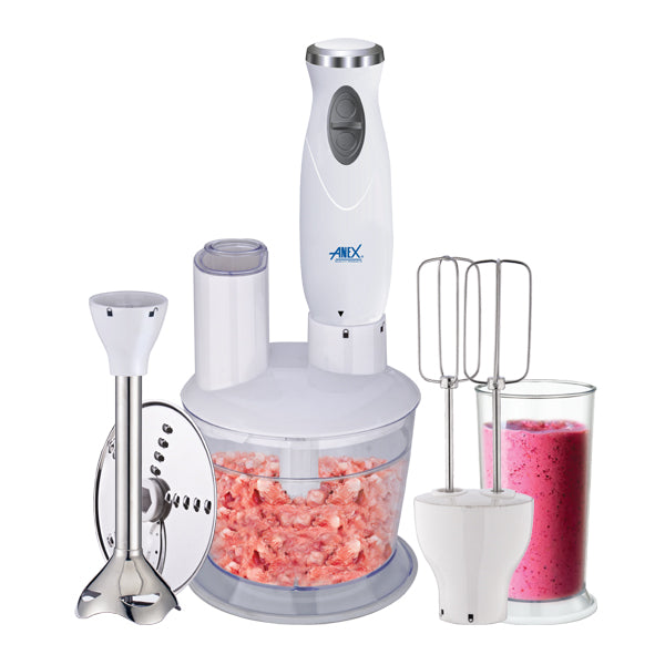Anex White hand blender with attachments on a white background