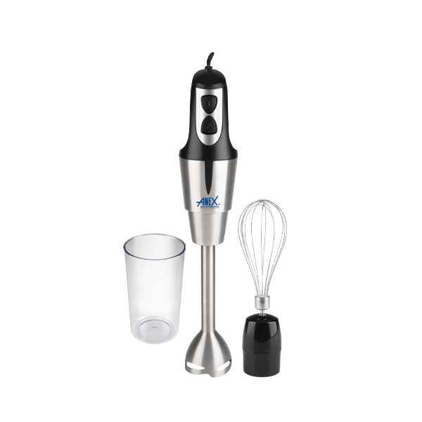 Hand blender with attachments on a white background