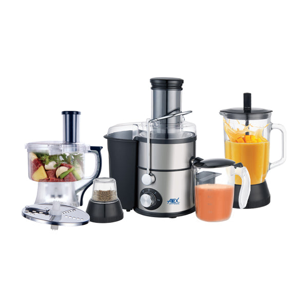 Anex Food Factory AG-3152 Set of kitchen appliances including a blender, food processor, and juicer on a white background