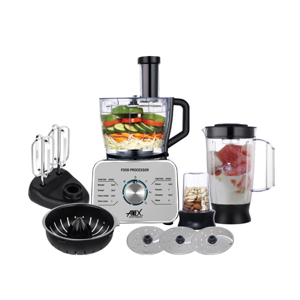 Anex food processor AG-3156 with attachments and a blender on a white background