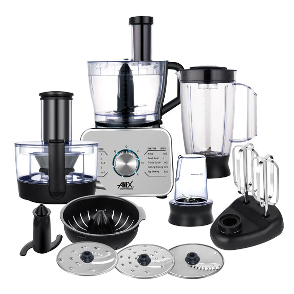 A kitchen appliance set with a food processor, blender, and attachments on a white background.