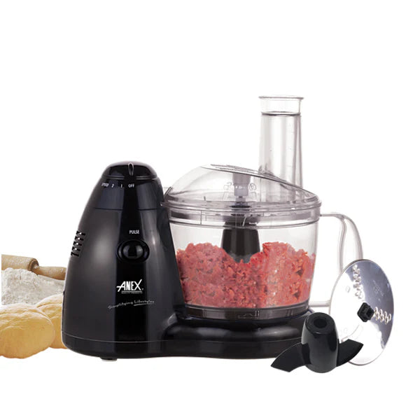 Anex Black food processor AG-1141  with a clear container filled with ground red meat