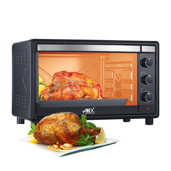 Anex_Oven_ToasterAG-3073EX with a roasted chicken inside, displayed on a white background.