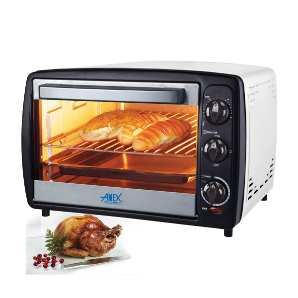 Anex Oven Toaster AG-1064ex with bread and roasted chicken on a white background