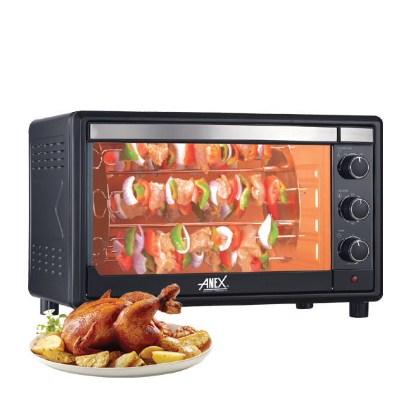 Anex Oven Toaster AG-3067EX skewers and roasted chicken on a white background