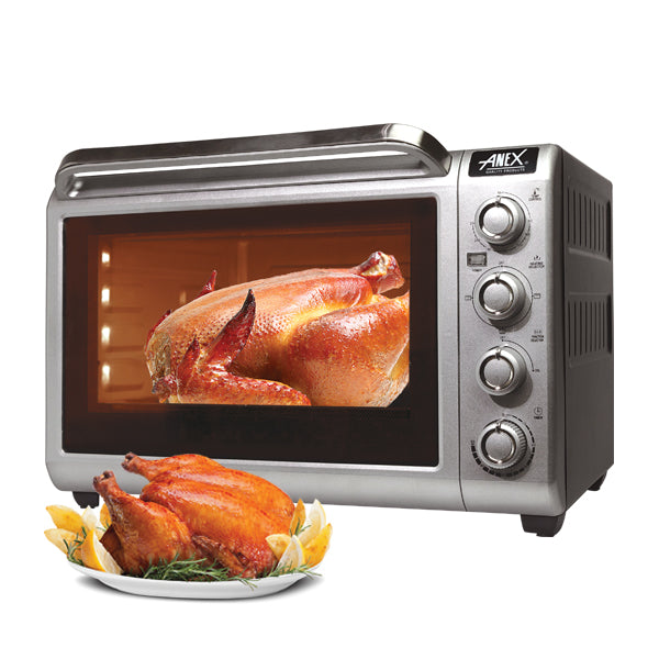 Anex Oven ToasterAG-3071 with roasted chicken inside, displayed on a white background