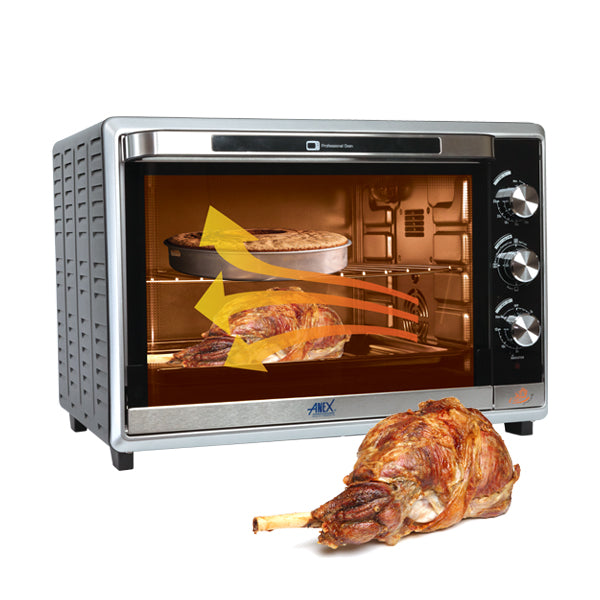 Anex Oven Toaster AG-3072 baking with a roasted leg of lamb and a pie inside, on a white background.