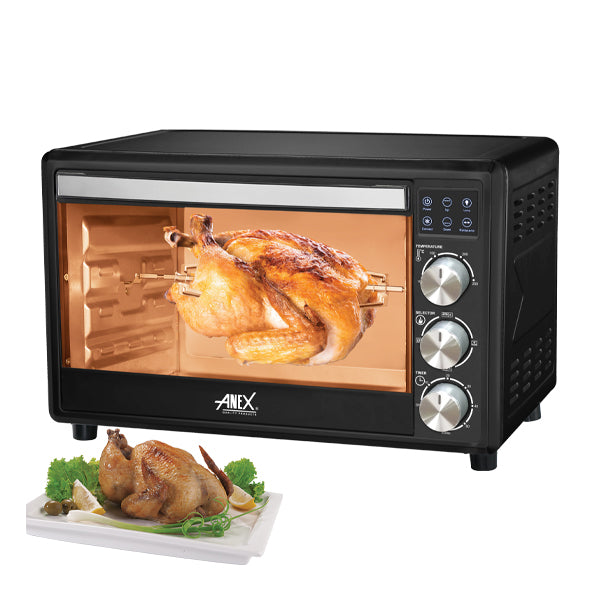 Anex Oven Toaster AG-3075 with a roasted chicken inside, displayed on a white background