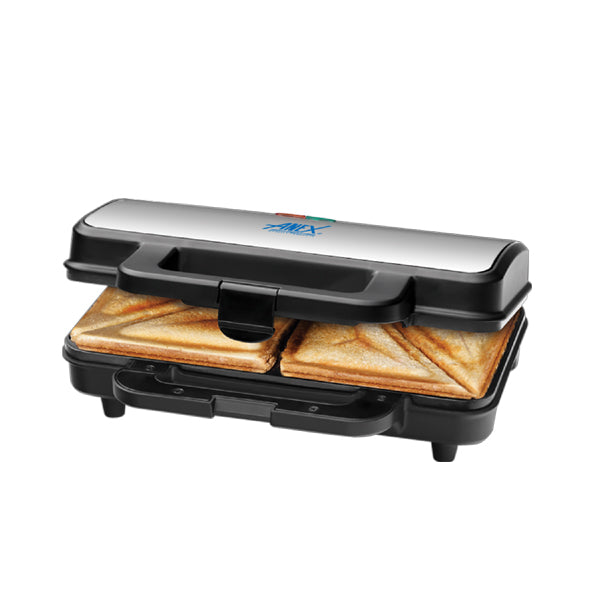 Anex Sandwich Maker AG-2036C Black and silver panini press with toasted sandwiches on a white background