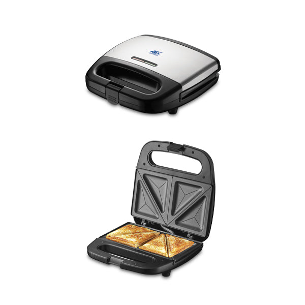 Anex_sandwich_MakerAG-2131_ Black and silver sandwich toaster with open lid showing toasted sandwiches
