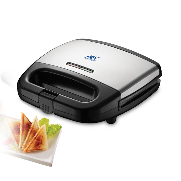 Anex Deluxe Sandwich Maker AG-2131 Black and silver sandwich toaster with a plate of toasted sandwiches 