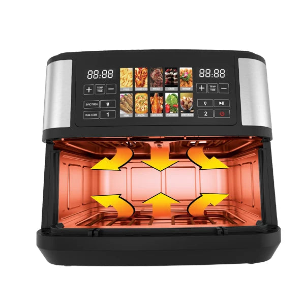 A countertop anex air fryer with a black and stainless steel exterior, featuring an open lower basket, glowing orange interior heating elements, and a digital control panel with food icons on a white background.