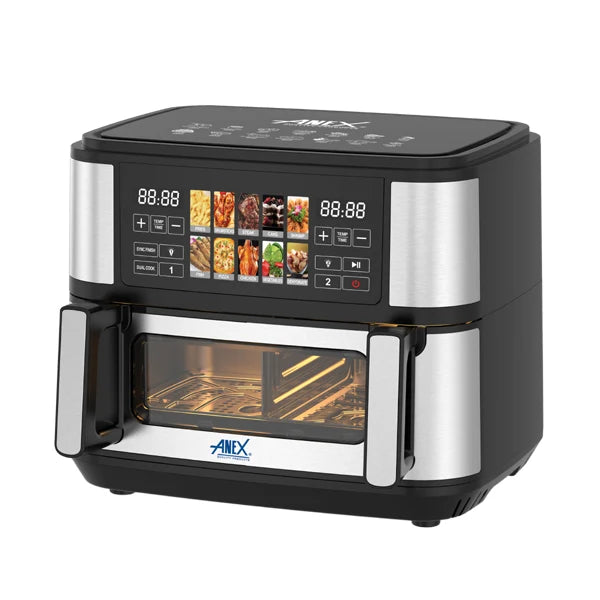 ANEX multi-functional air fryer and toaster oven combo in black and stainless steel, featuring a digital touch control screen and a glass-front oven door.