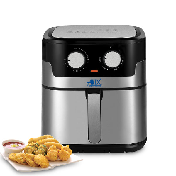 Anex air fryer with fried food and dipping sauce