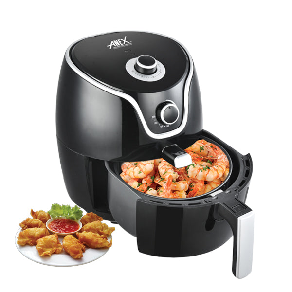 Anex AG-2019 Black air fryer with food inside, showing a plate of fried shrimp and vegetables on a white background.