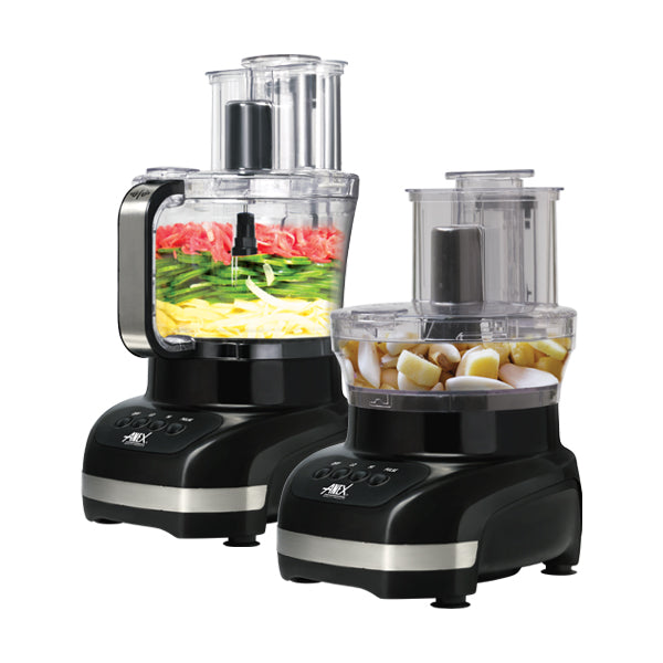 anex Two black food processors with ingredients inside on a white background