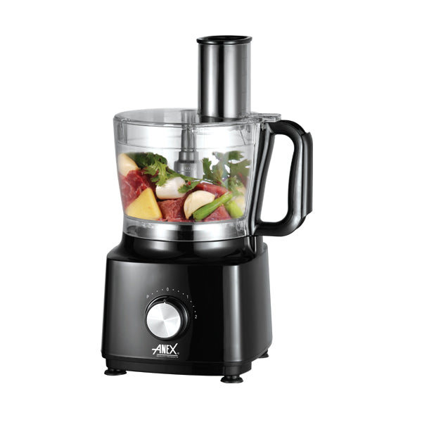 anex-Black-deluxe-chopper-ag-3140 with ingredients inside on a white background