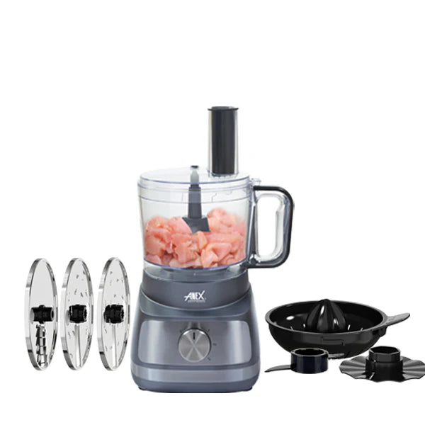 Food processor with attachments on a white background