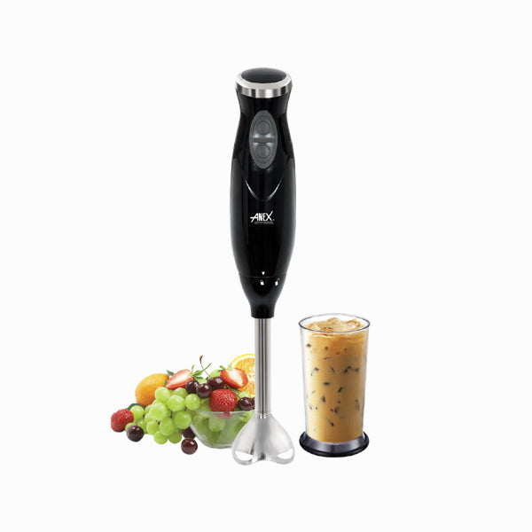 Black hand blender with a glass container filled with a drink, surrounded by fruits on a white background.