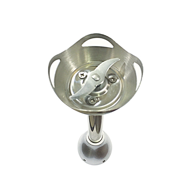 Metallic kitchen blender attachment on a white background