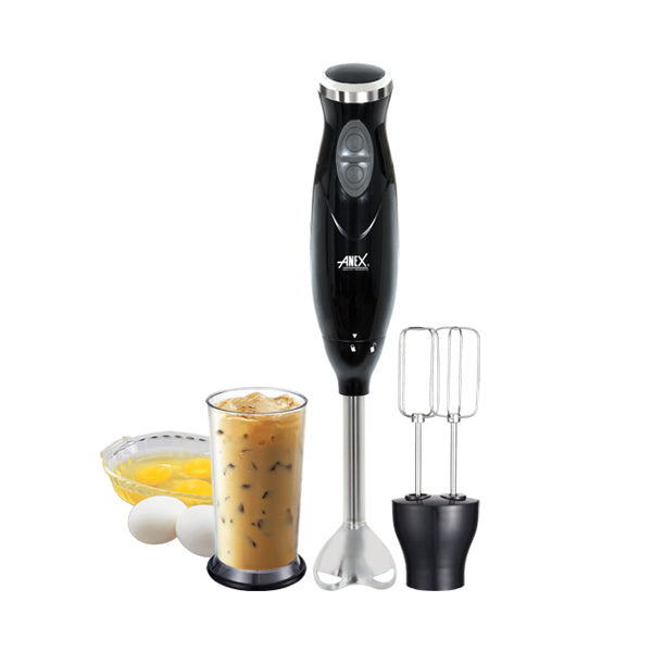 Anex Black hand blender with attachments on a white background