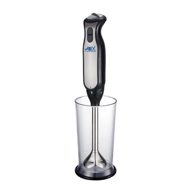 Hand blender with a clear container on a white background, featuring the brand 'Anex'.