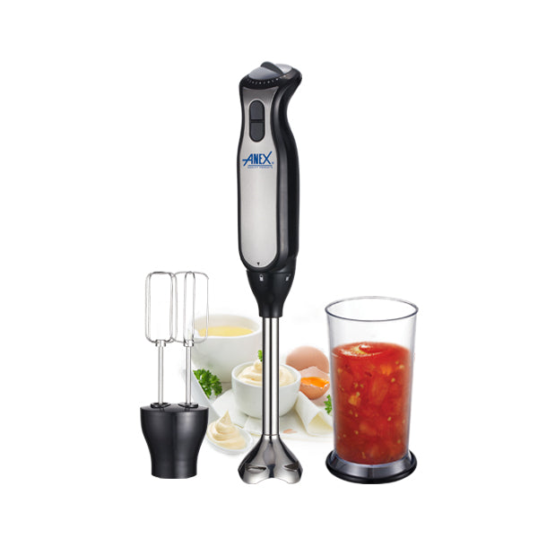 Hand blender with attachments on a white background