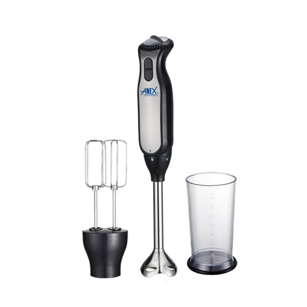 Hand blender with attachments and a clear container on a white background