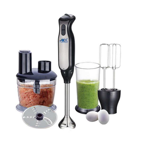 ANEX hand blender with attachments on a white background