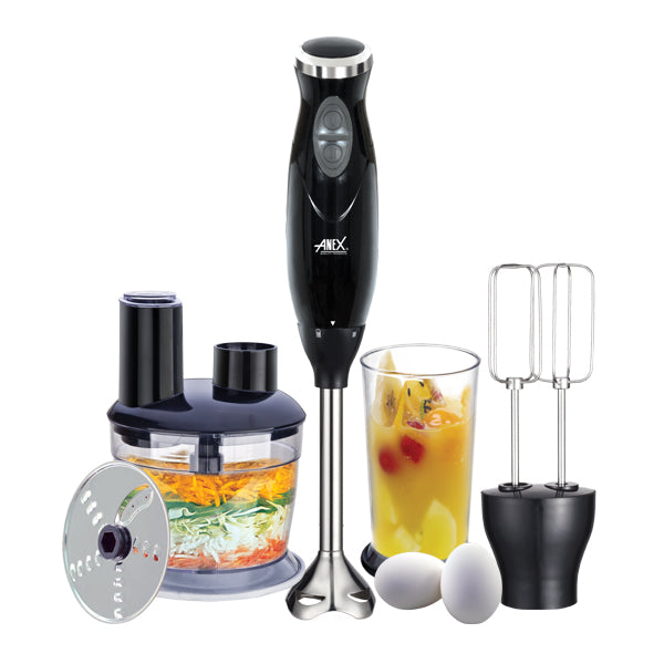 Anex Black hand blender with attachments on a white background