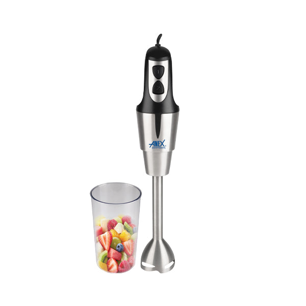 anex-deluxe Hand blender with a clear container filled with fruits on a white background