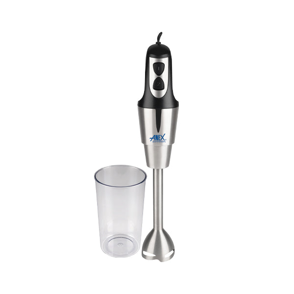 Hand blender with a clear beaker on a white background