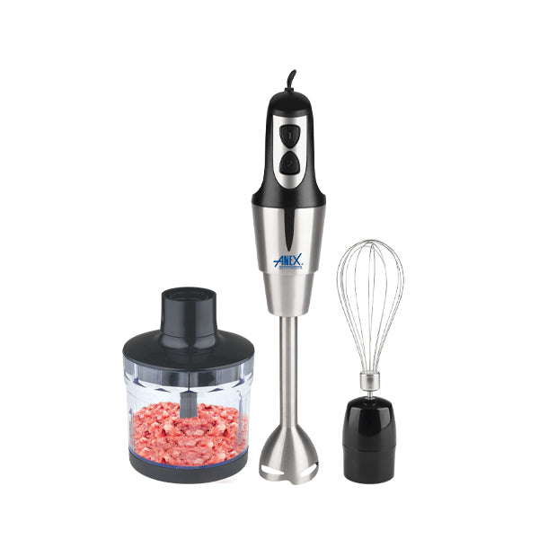 anex Hand blender with attachments including a whisk and a chopper on a white background