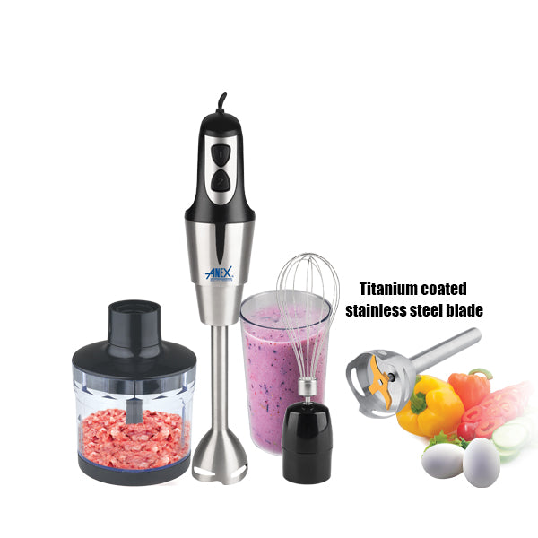 Hand blender with attachments and ingredients on a white background