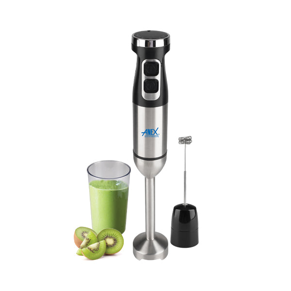 anex-deluxe-hand-blender-ag-144 with a glass of green juice and kiwi slices on a white background