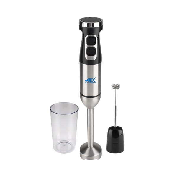 Hand blender with attachments on a white background