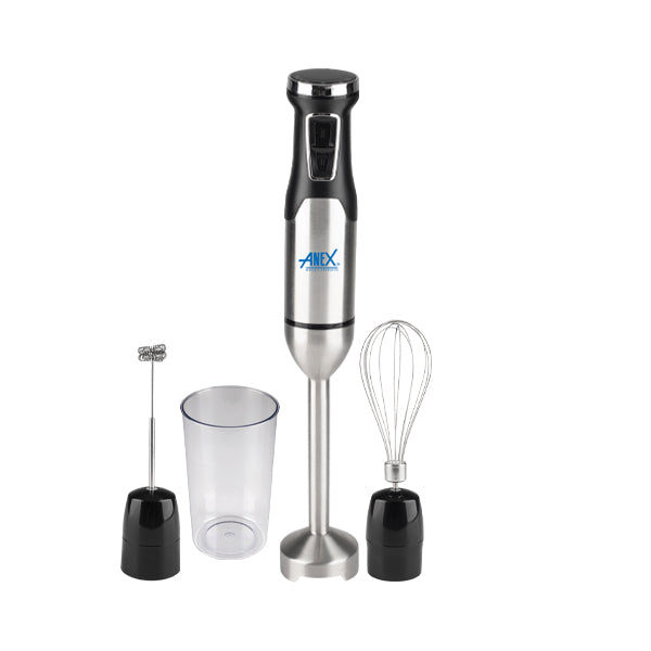 Anex hand blender with attachments on a white background